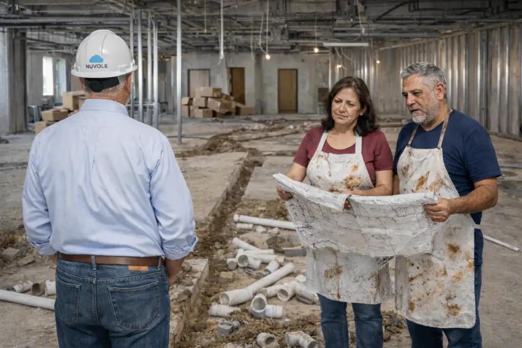 Restaurant owners reviewing plans on abandoned construction job site with Nuvole Company contractor