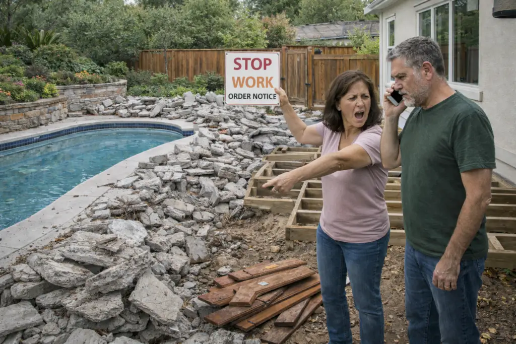 Homeowners with stop work order on unpermitted backyard pool deck construction