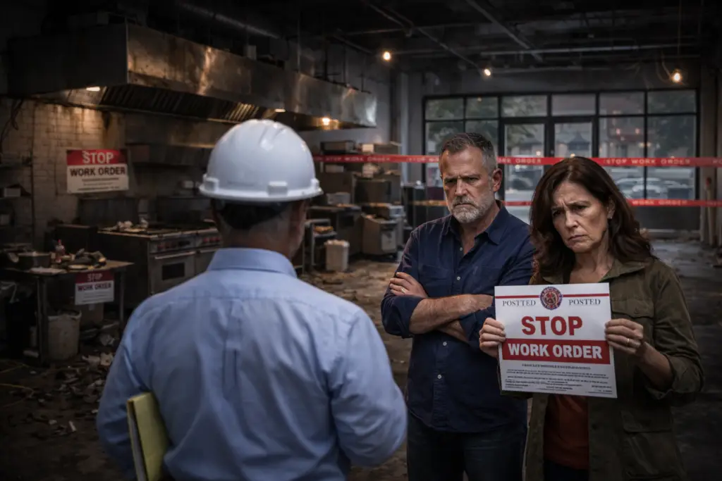 Code enforcement stop work order on commercial kitchen construction project in Fresno